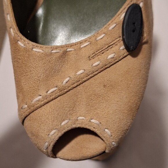 Vintage Colin Stuart Brown Suede Peep Toe Heels 7.5 Chunky Office Retro Academia - Picture 7 of 11